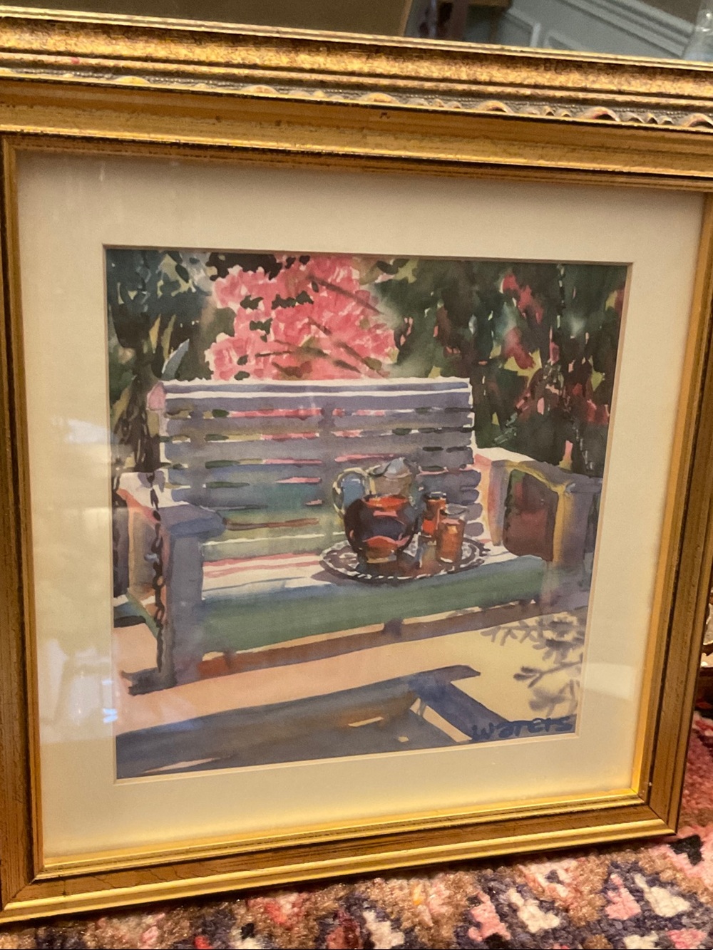 Framed &signed Wyatt Waters print. Porch swing, iced tea & garden. Lovely! 8.5
